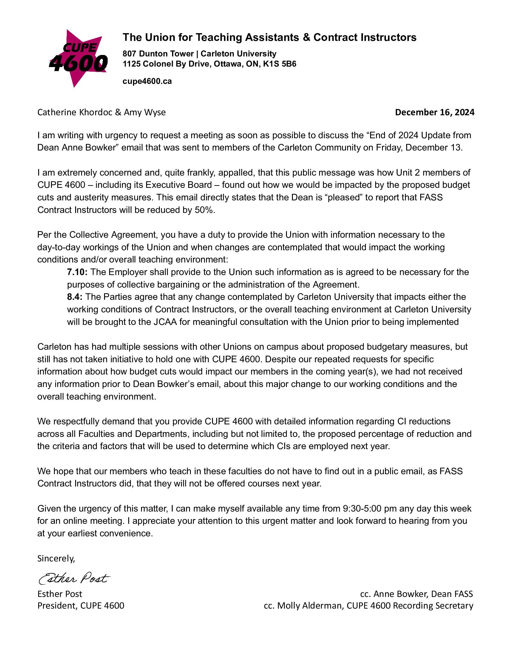 Letter with CUPE 4600 Letterhead. See PDF for full text